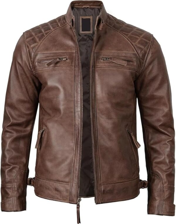 Men's Quilted Pattern Design Snap Button Collar Waist Adjusters Leather Biker Jacket - Image 20