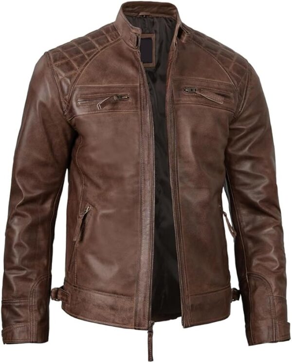 Men's Quilted Pattern Design Snap Button Collar Waist Adjusters Leather Biker Jacket - Image 21