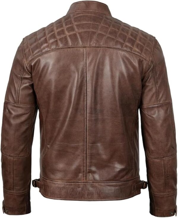 Men's Quilted Pattern Design Snap Button Collar Waist Adjusters Leather Biker Jacket - Image 23