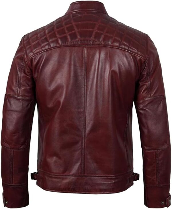 Men's Quilted Pattern Design Snap Button Collar Waist Adjusters Leather Biker Jacket - Image 24