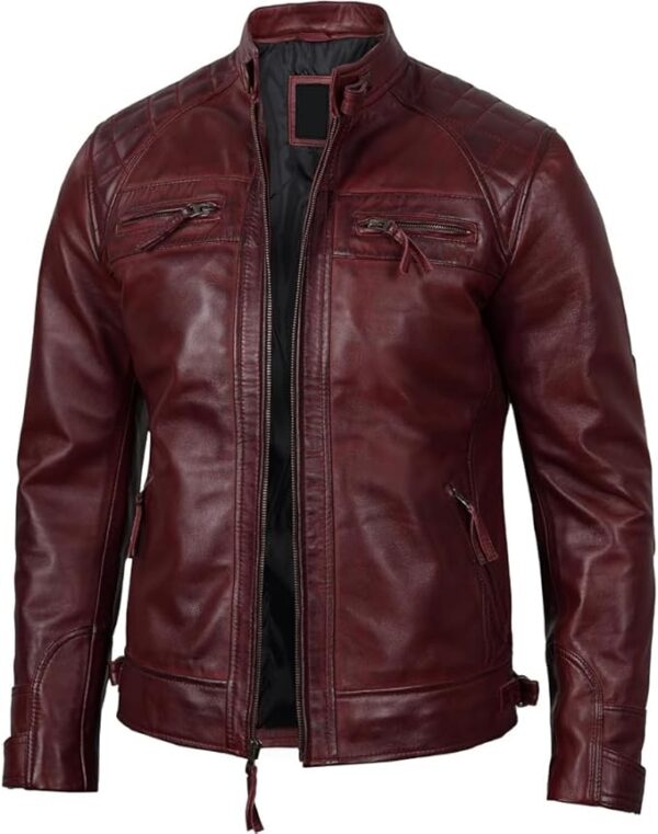 Men's Quilted Pattern Design Snap Button Collar Waist Adjusters Leather Biker Jacket - Image 25