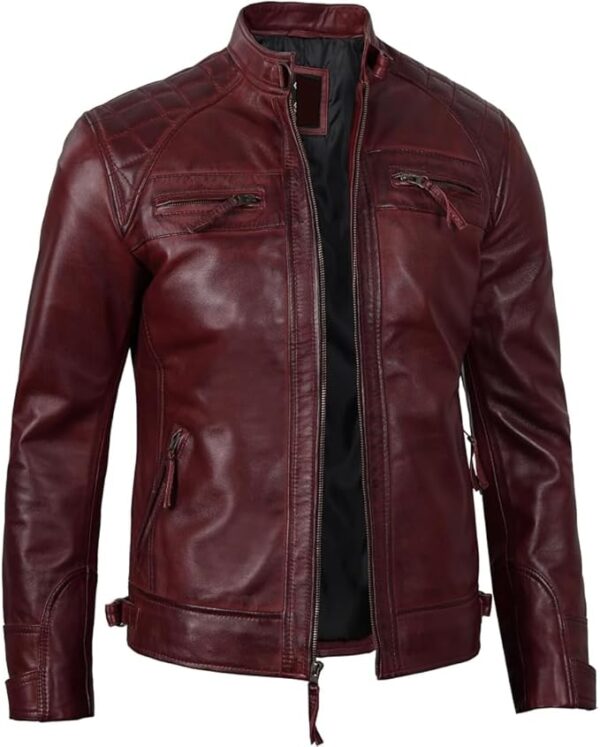 Men's Quilted Pattern Design Snap Button Collar Waist Adjusters Leather Biker Jacket - Image 27