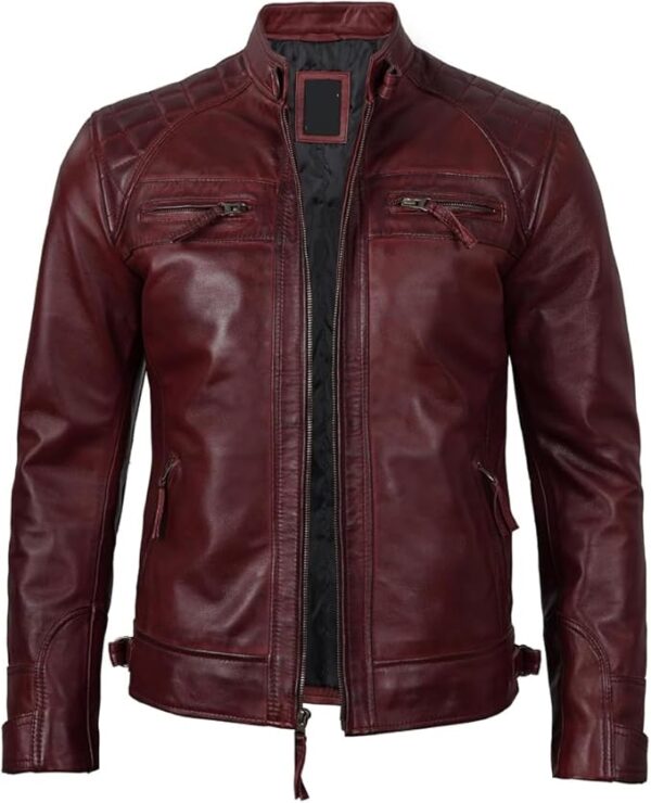 Men's Quilted Pattern Design Snap Button Collar Waist Adjusters Leather Biker Jacket - Image 28