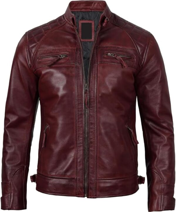 Men's Quilted Pattern Design Snap Button Collar Waist Adjusters Leather Biker Jacket - Image 29