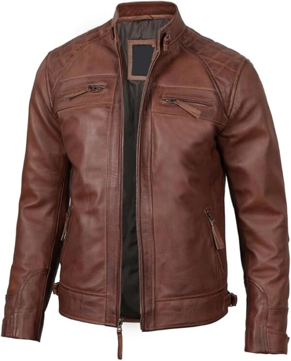 Men's Quilted Pattern Design Snap Button Collar Waist Adjusters Leather Biker Jacket - Image 30