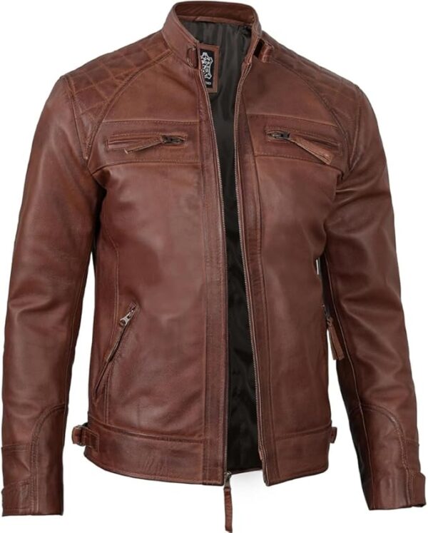 Men's Quilted Pattern Design Snap Button Collar Waist Adjusters Leather Biker Jacket - Image 31