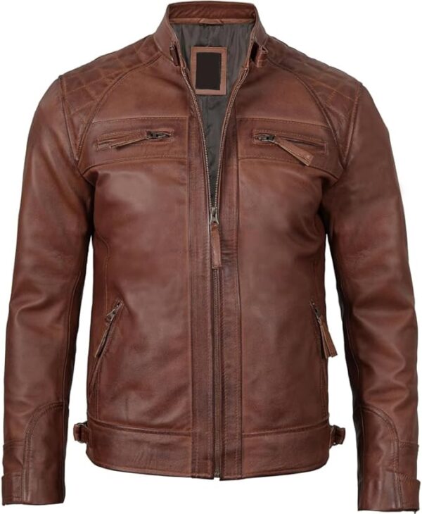 Men's Quilted Pattern Design Snap Button Collar Waist Adjusters Leather Biker Jacket - Image 32