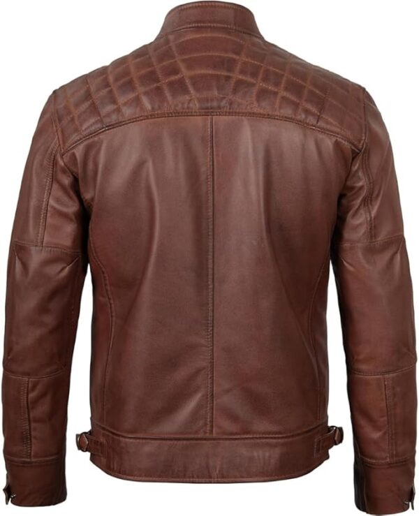 Men's Quilted Pattern Design Snap Button Collar Waist Adjusters Leather Biker Jacket - Image 33