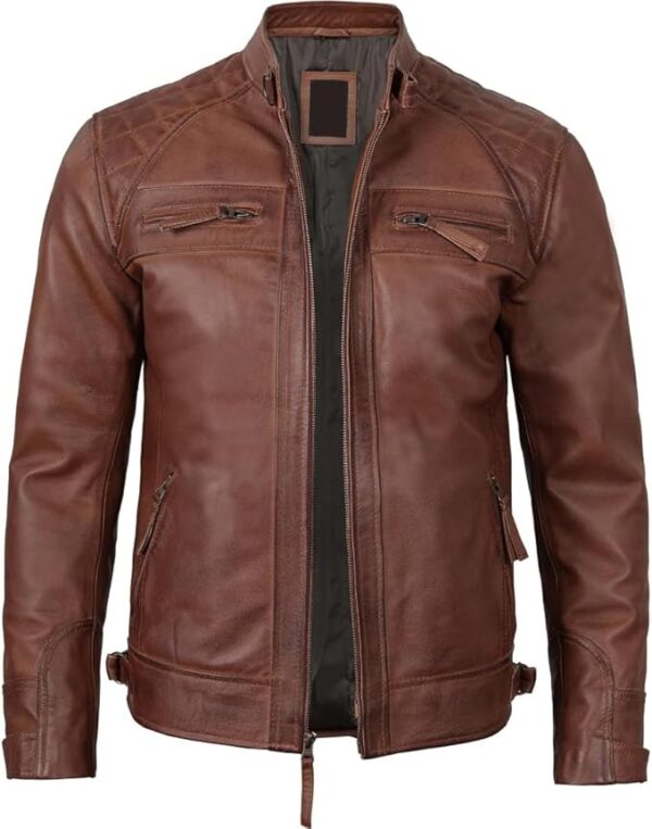 Men's Quilted Pattern Design Snap Button Collar Waist Adjusters Leather Biker Jacket - Image 34