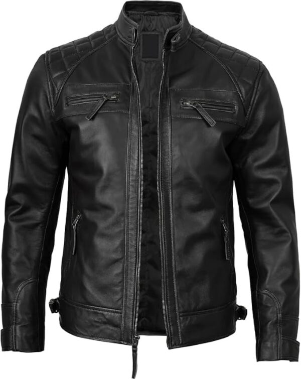 Men's Quilted Pattern Design Snap Button Collar Waist Adjusters Leather Biker Jacket - Image 11