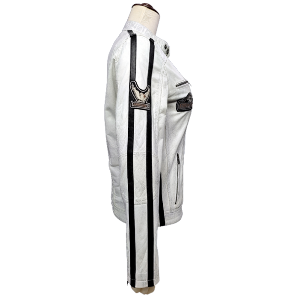 White Moto Jacket with Embroidered Patches, Black Stripes, and Zippers - Image 6