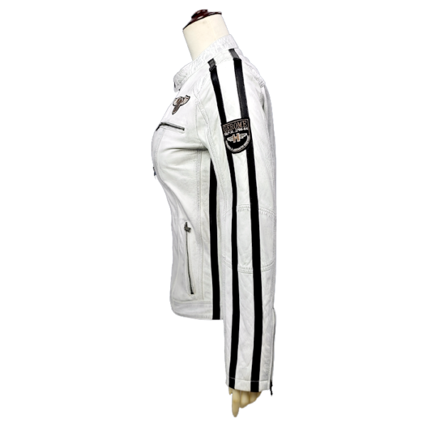 White Moto Jacket with Embroidered Patches, Black Stripes, and Zippers - Image 5