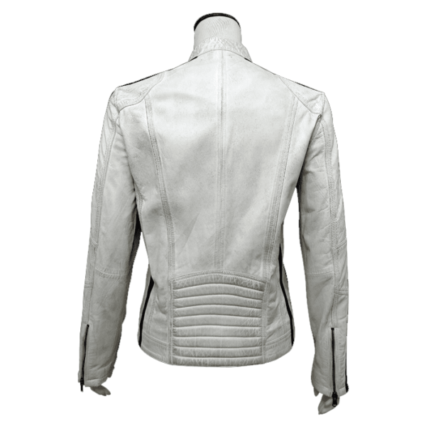 White Moto Jacket with Embroidered Patches, Black Stripes, and Zippers - Image 4