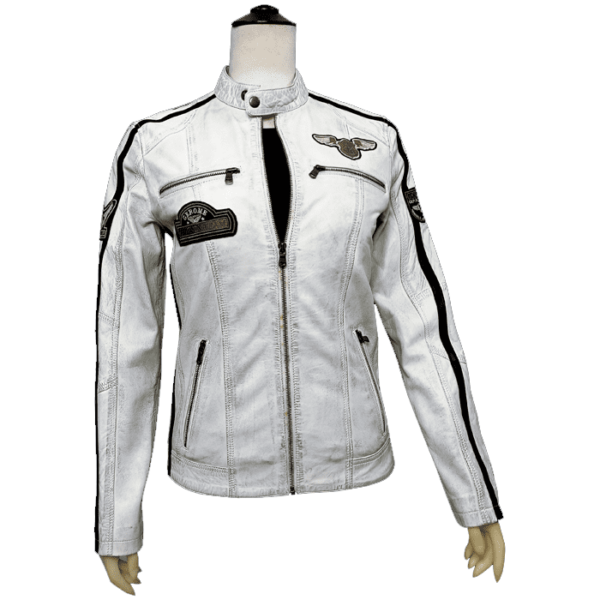 White Moto Jacket with Embroidered Patches, Black Stripes, and Zippers