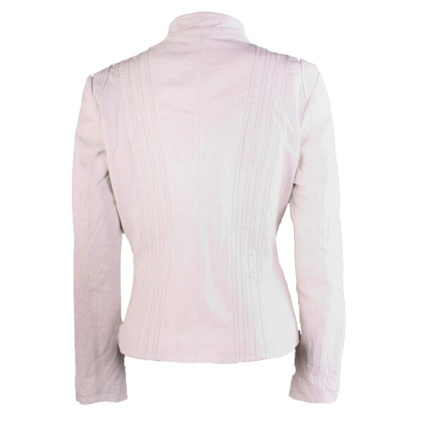 Elegant White Moto Jacket with Zipper Accents and High Collar Design - Image 3