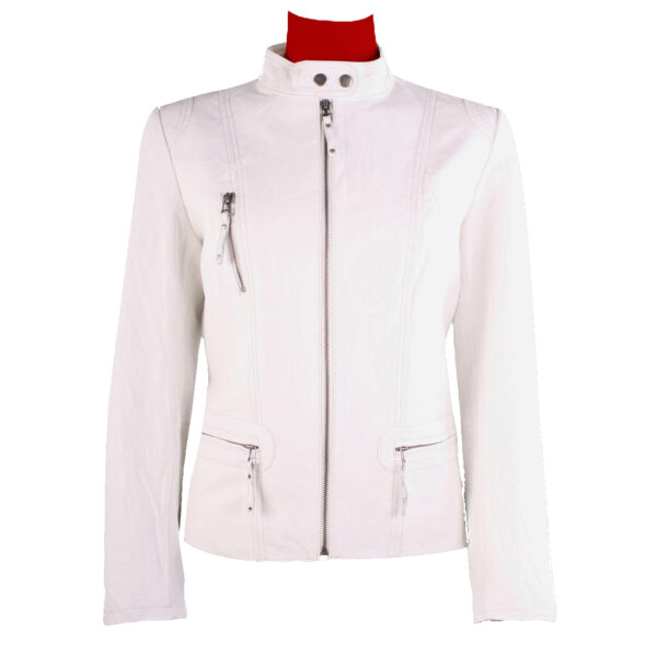 Elegant White Moto Jacket with Zipper Accents and High Collar Design